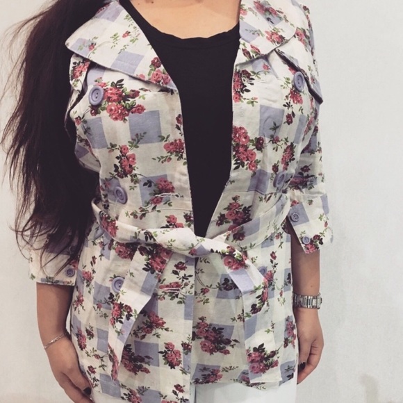 Floral checkered lightweight jacket waist tie - Picture 2 of 8